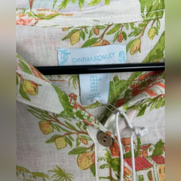CYNTHIA ROWLEY Linen Surfer Tropical  Beach Camp Cap Sleeve Shirt Dress Size L - Picture 3 of 9